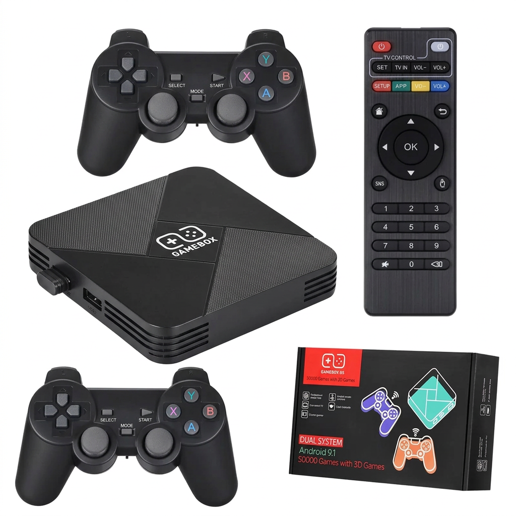 Conjunto Gamebox G5 con consola dos mandos control remoto y empaque sobre fondo blanco