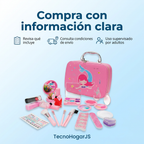 Kit maquillaje infantil rosado con recomendaciones para consultar contenido, envío y supervisión adulta.