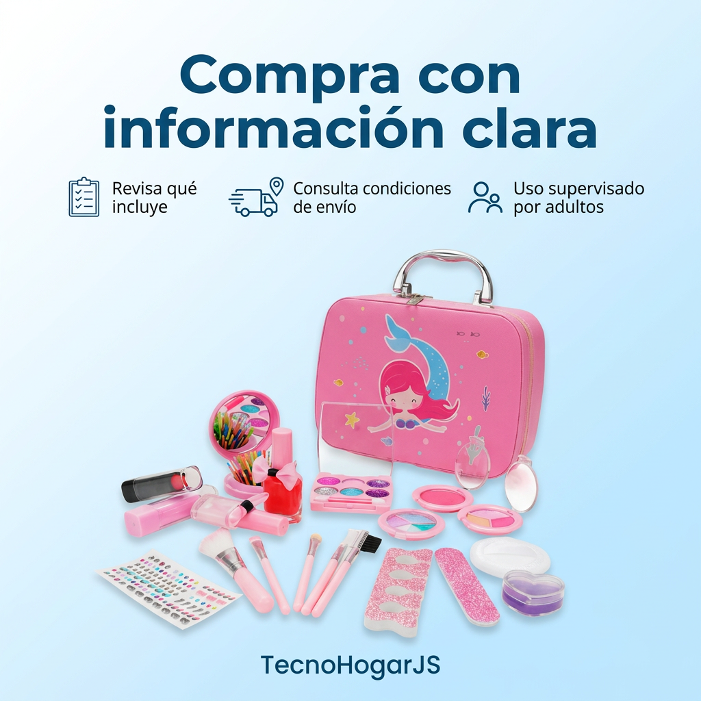 Kit maquillaje infantil rosado con recomendaciones para consultar contenido, envío y supervisión adulta.