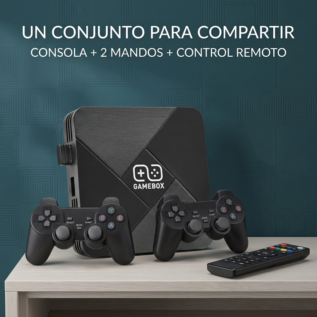 Consola Gamebox G5 negra con dos mandos y control remoto, conjunto para compartir