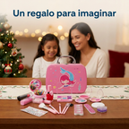 Kit maquillaje infantil con maletín de sirena en una escena ilustrativa de regalo navideño en familia.