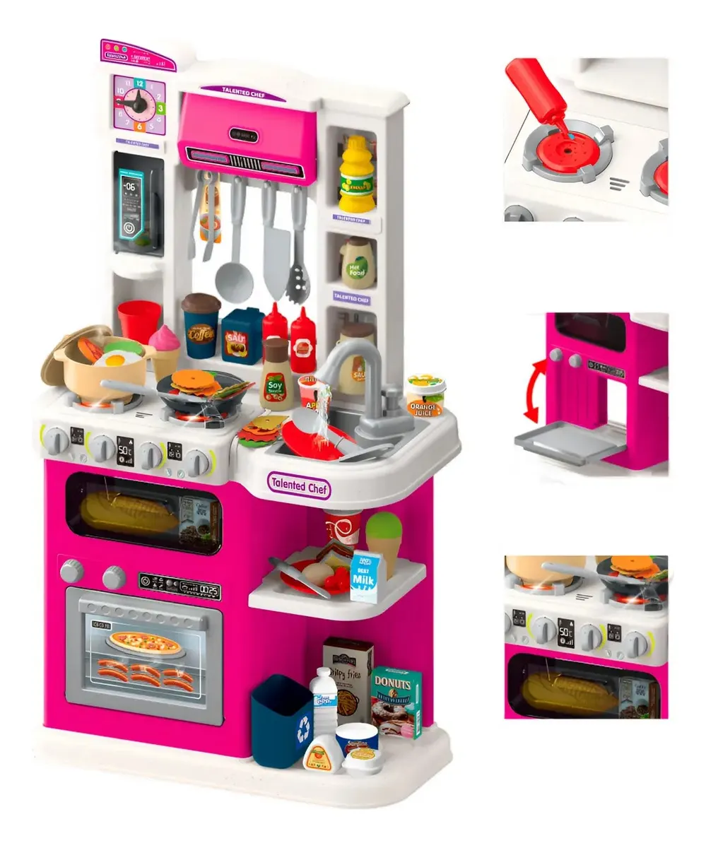 Cocina infantil fucsia y detalles de estufa y horno