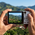 Cámara digital blanca en uso para encuadrar un paisaje desde su pantalla posterior