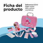 Ficha del kit maquillaje infantil 60010I: color rosado, materiales ABS y polvos cosméticos.