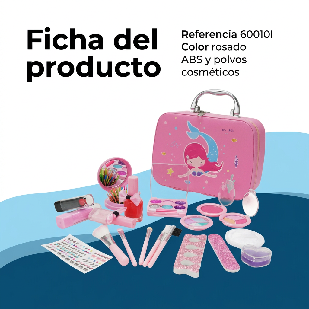Ficha del kit maquillaje infantil 60010I: color rosado, materiales ABS y polvos cosméticos.