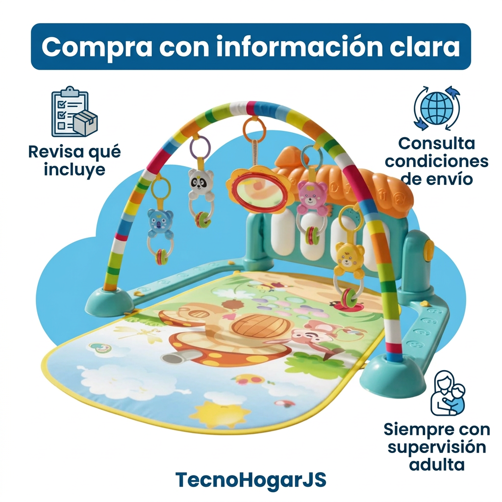 Gimnasio bebé con recomendaciones para revisar contenido, envío y supervisión adulta.