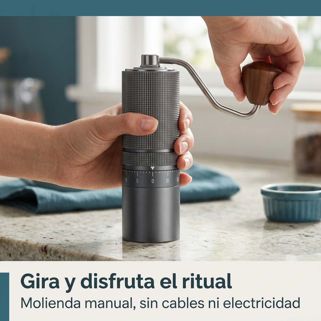 Manos sosteniendo el molinillo M1 y girando la manivela mediante el pomo de nogal
