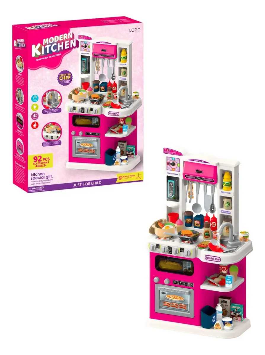 Cocina infantil fucsia junto a su caja
