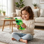 Niña jugando con el celular juguete infantil H1 de dinosaurio en la sala