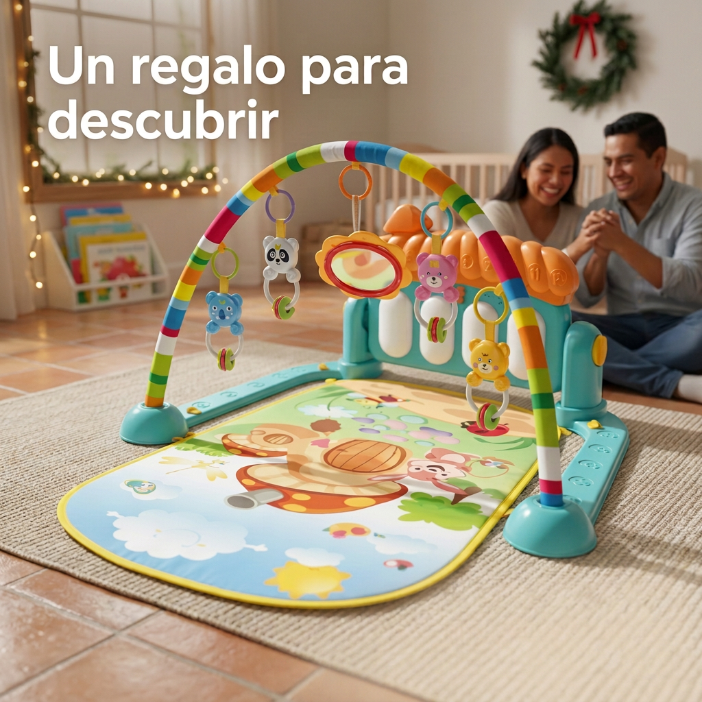 Gimnasio musical para bebé como opción de regalo en una escena ilustrativa navideña familiar.