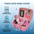 Características del kit maquillaje infantil: maletín organizador, espejo integrado y accesorios.