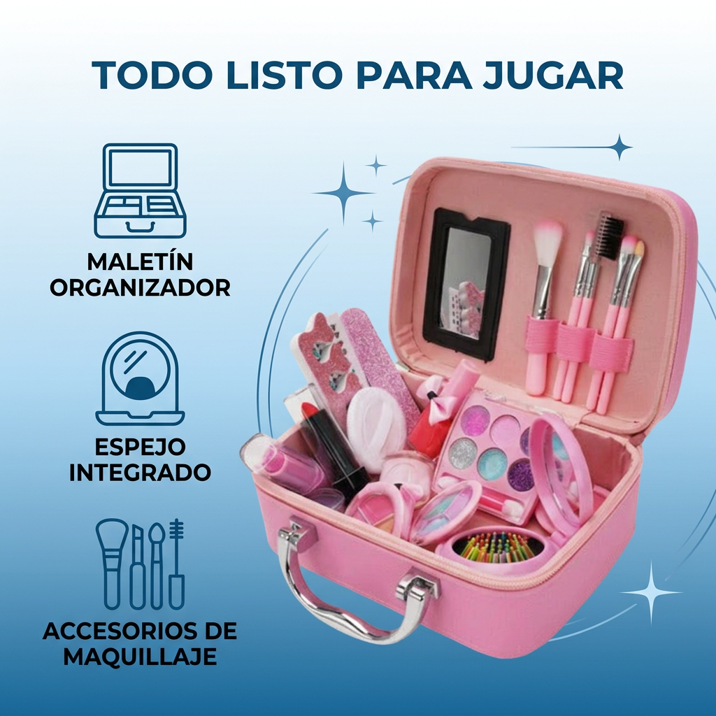 Características del kit maquillaje infantil: maletín organizador, espejo integrado y accesorios.