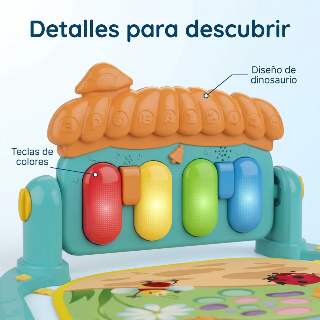 Detalle del piano dinosaurio turquesa y naranja con teclas de colores del gimnasio musical para bebé.