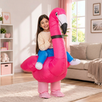 Niña usando el disfraz inflable de flamingo en casa
