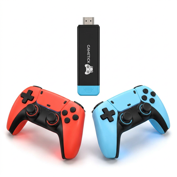Consola Game Stick M68 con dos controles rojo y celeste sobre fondo blanco