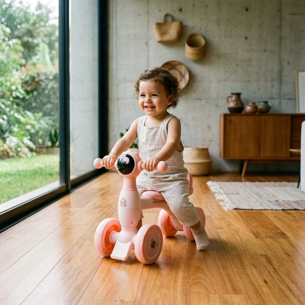 Niño montando un triciclo infantil de aprendizaje dentro de casa