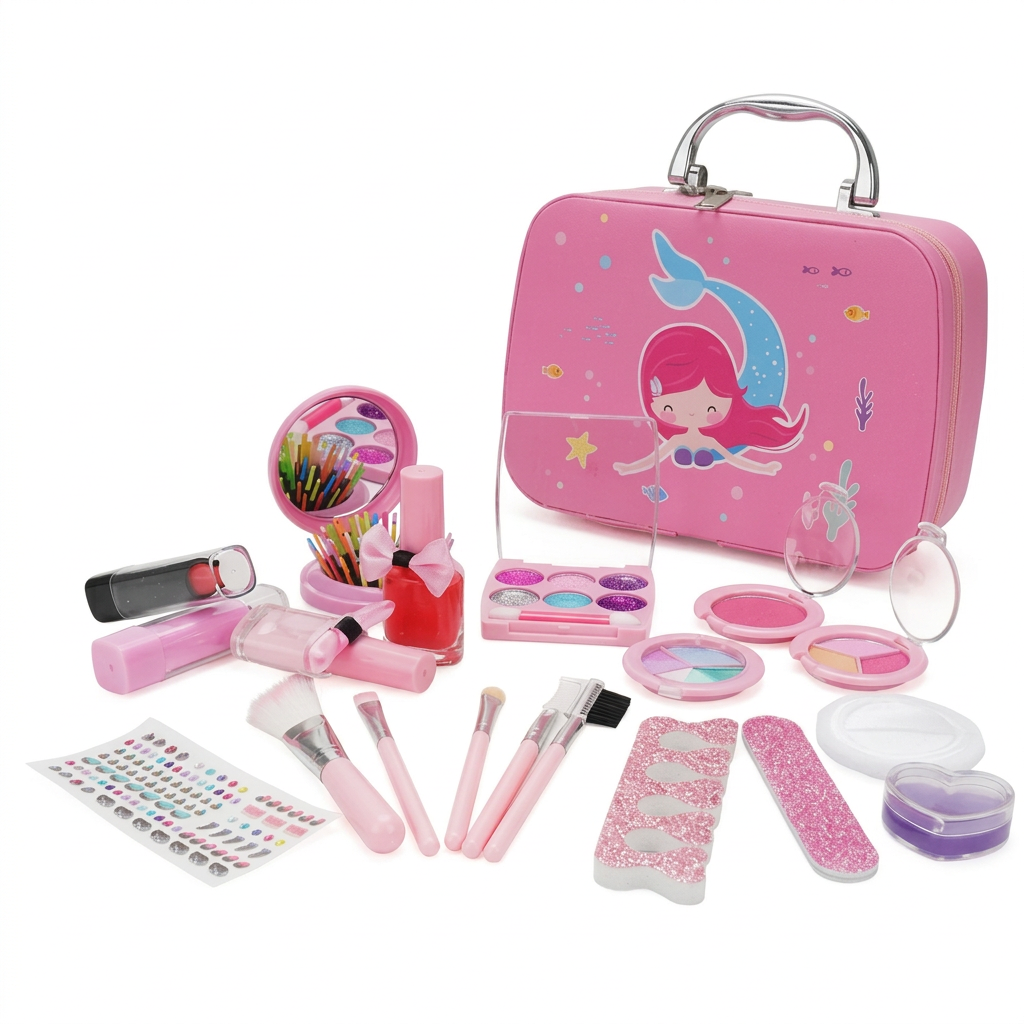 Kit maquillaje infantil 60010I con maletín rosado de sirena y accesorios sobre fondo blanco.