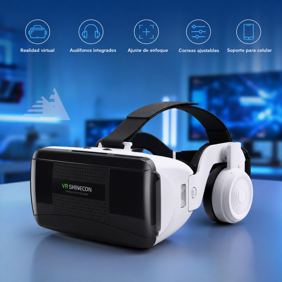 Fotografía de referencia de gafas VR SHINECON con audífonos integrados y ajustes