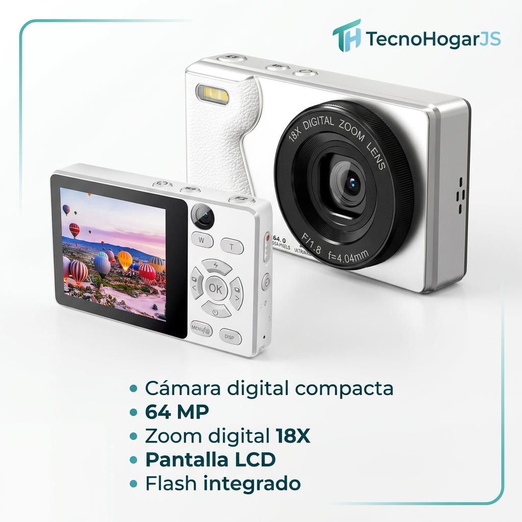 Características de cámara digital compacta: 64 MP, zoom digital 18X, pantalla LCD y flash