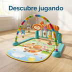 Gimnasio musical para bebé con piano dinosaurio en un ambiente luminoso y el mensaje Descubre jugando.