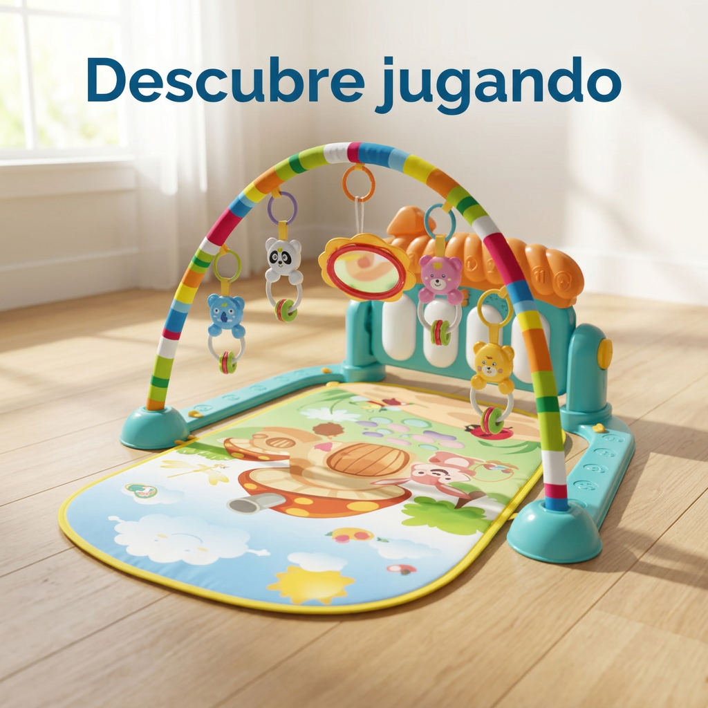 Gimnasio musical para bebé con piano dinosaurio en un ambiente luminoso y el mensaje Descubre jugando.