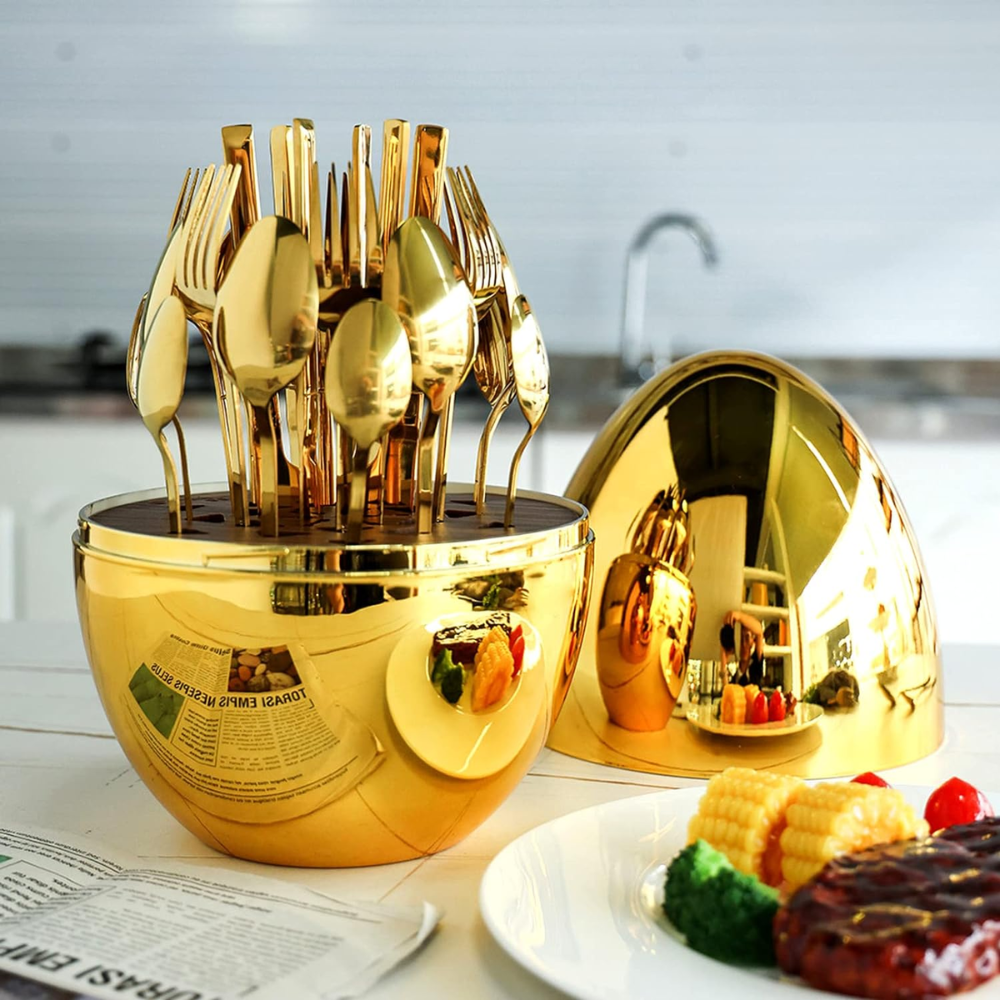 Juego De Cubiertos 24pcs Acero Inoxidable Gold Estuche Huevo
