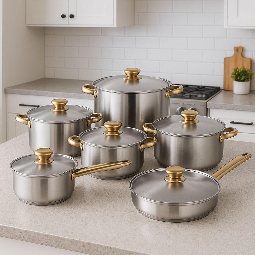 Set Ollas Acero Inox Klausberg 12Pzs Cocina Mangos Dorados