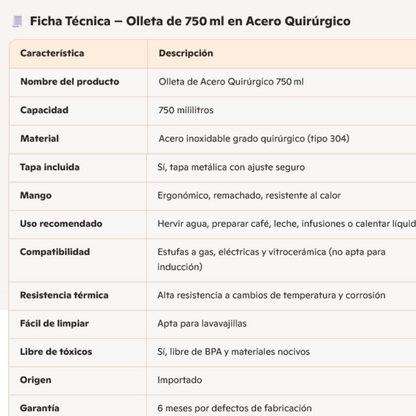 Olleta 750ml Acero Quirúrgico Chocolatera Con Tapa Jarra
