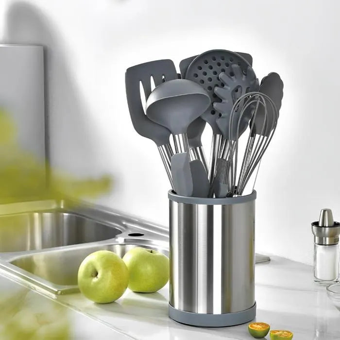 Utensilios De Cocina Silicona Resistente 12 Piezas Con Base Metalica Giratoria Negro