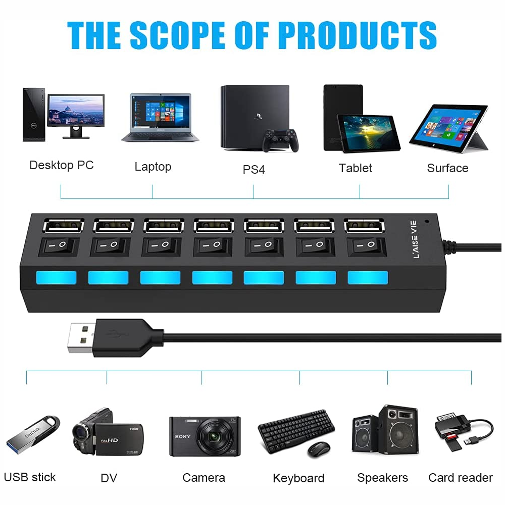 Multitoma USB 7 Puertos Individuales Con Switch
